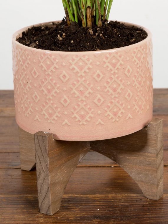 Pink Diamond Weave Pot On Wood Stand