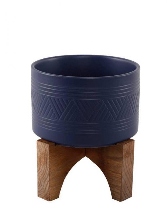 Mountain Weave Cylinder Planter With Wood Stand